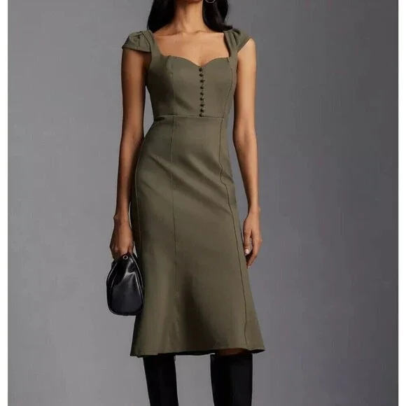 Anthropologie Cecily Dress XS Olive Green Button Front Fit Flare Midi Cap Sleeve - Picture 2 of 13